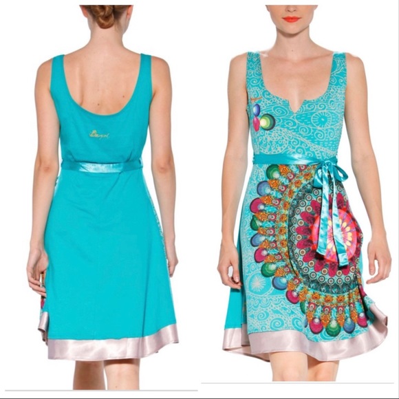 DESIGUAL turquoise knit embroidered dress, L. - Picture 8 of 8